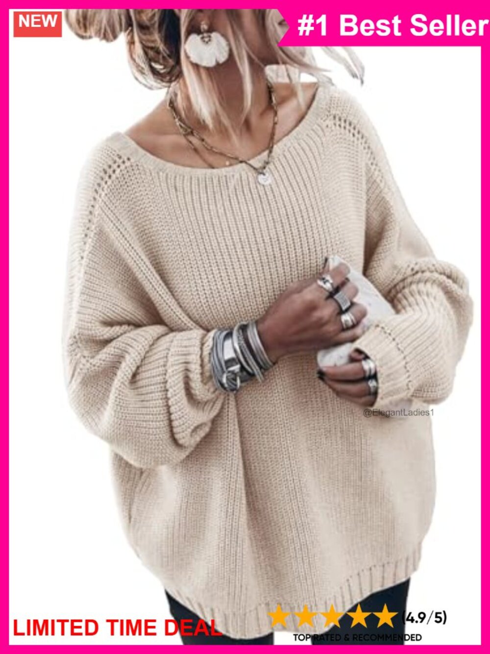 Womens Oversized Cotton Knit Sweater Crew Neck Long Sleeve Pullover